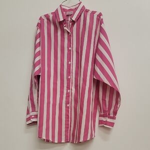 Vintage 80s Pink and White Preppy Classic Striped Button-Up Shirt M